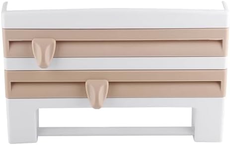 Plastic Wrap Dispenser, Wall Mount Kitchen Sauce Bottle Storage Rack Paper Towel Holder Foil Cling Film Cut Dispenser with Cutter (Khaki) - Image 4