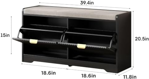 Maupvit 39.4" Fluted Shoe Bench with Storage, Narrow Entryway Bench, Black - Image 2