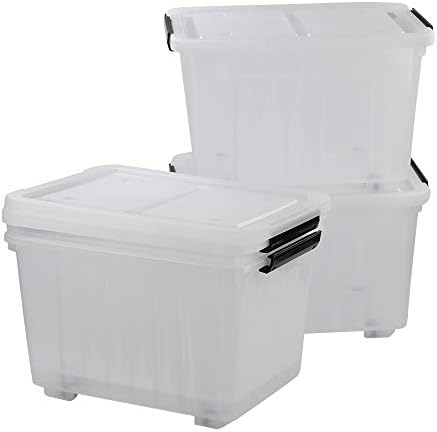 Clear Plastic Storage Bins with Wheels, 4-Pack Latch Boxes, 30 L by Callyne