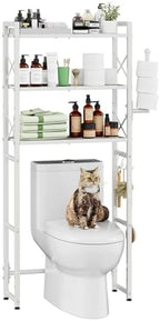 Simple Trending Over The Toilet Storage Rack with Toilet Paper Holder, Heavy Duty Metal 3 Tier Bathroom Organizer Shelf with 3 Hooks, White by SimpleTrending