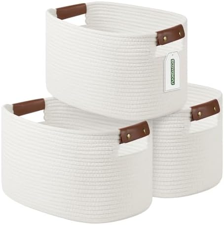 ECDYQXVU 15x10x9 Woven Cotton Rope Storage Basket, Leather Handles 3 Pack by ECDYQXVU