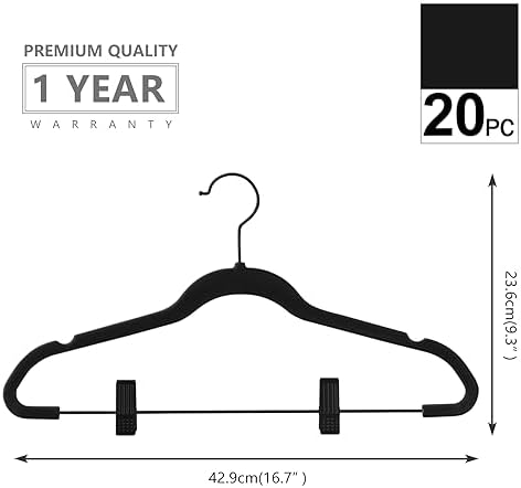 MIZGI Premium All Black Velvet Pants Hangers with Adjustable Clips (Pack of 20) Slim Skirt Hangers- Non Slip Felt Outfit Dress Hangers- Black Hooks,Space Saving Shirt Clothes Hangers - Image 6