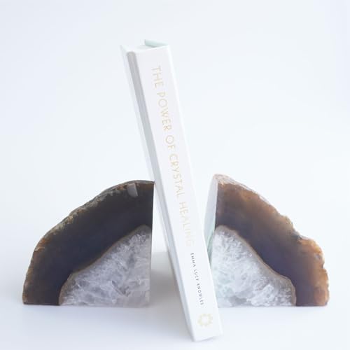 Natural Agate Geode Bookends - 4 to 5 lb Heavy Duty Rock Crystal Stone Book Ends for Shelves, with Rubber Bumpers, Decorative Book Holders for Home Office - Image 4