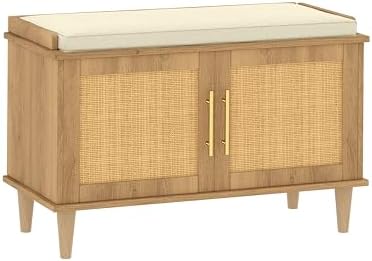 Akxomel 31.5" Rattan Shoe Storage Bench 2 Doors Wooden Entryway Bench Oak by Akxomel