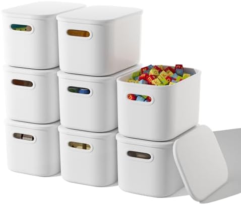 ORGIDOL 8 Pack White Storage Bins with Lids Stackable Storage Container for Organizing, Storage Boxes with Handle for Shelves, Cute Storage Bin for Craft, Snacks, 9.85x6.9x5.7 inch by ORGIDOL