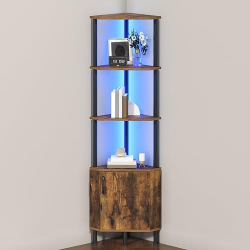 HOOBRO Corner Cabinet with LED Light, Corner Shelf Stand with Storage and Doors, 5-Tier Industrial Corner Bookshelf, 59” Tall Display Rack Shelf, for Living Room, Kitchen, Rustic Brown BF147DCJ01 by HOOBRO
