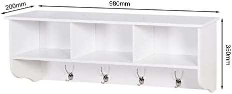 Wall Rack Shelf with 4 Dual Hooks Entryway Wood Storage Cubes Hanger Storage Unit for Living Room Bathroom Kitchen, White - Image 2