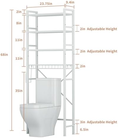 4 Tiers Over The Toilet Storage,Bathroom Organizers and Storage Shelves with Toilet Paper Holder and 9 Hooks,Toilet Rack for Cabinet Organizer,White - Image 2