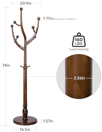 Bekrvio Wood Freestanding Coat Rack Coat Tree with Round Base, Walnut - Image 2