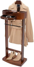 Wood Valet Stand for Men & Women, Freestanding Suit Rack Organizer with Drawer, Top Tray, Contour Hanger, Trouser Bar, Tie/Belt Hooks & Shoe Rack, Garment Stand for Bedroom, Entryway, Office, Hallway - Image 3