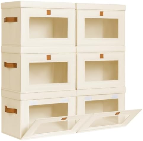 Homsorout Medium Fabric Storage bins - Collapsible Storage Bins with Open Window, 6 Pack Closet Baskets for Shelves, Stackable Decorative Boxes for Home, Dorm, Beige, 13.7"x 9.8" x 9.8" by Homsorout