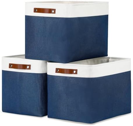 DULLEMELO Large Storage Baskets with Leather Handles for Linen Closet and Home Office, Decorative Baskets for Toys Storage (White & Blue) by DULLEMELO