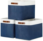 DULLEMELO Large Storage Baskets with Leather Handles for Linen Closet and Home Office, Decorative Baskets for Toys Storage (White & Blue) by DULLEMELO