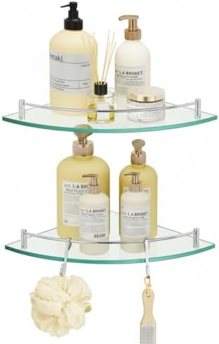 KES Glass Corner Shelf with Hooks 18/8 Stainless Steel, Tempered Glass Bathroom Corner Shelf with Rail, Shower Glass Shelf 2 Pack Wall Mounted, Polished Finish, BGS2101A-P2 by KES