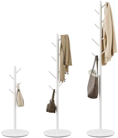 Coat Rack with 8 Hooks, 3 Adjustable Heights, Modern Hall Tree, Sturdy Metal Clothes Stand with Sintered Stone Base for Entryway, Office, Bedroom, for Coats, Hats, Handbags and Scarves, White by Unknown