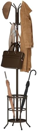 Coat Rack Freestanding With Umbrella Holder – Metal Hall Tree with 12 Hooks, Entryway Organizer for Hats, Bags, and Clothes (Brown) by AUGOHCMIL