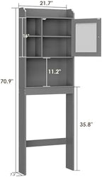 SUPER DEAL Over The Toilet Bathroom Storage Cabinet Freestanding Wooden Bathroom Organizer with Adjustable Shelves and Glass Door, Gray - Image 2