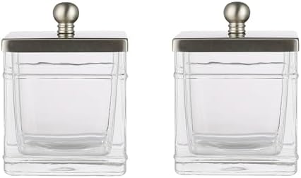 Glass Cotton Jar Holder 2 Pack– Satin Nickel Lid, Elegant Bathroom Storage Canister for Qtips, Cotton Balls, Floss, Makeup Organizer, Vanity & Bathroom Organization by IndecorHome