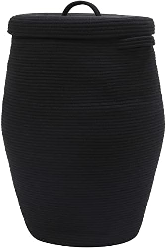 26"x20" Extra Large Tall Woven Laundry Basket with Lid, Cotton Rope Blanket Storage Basket, Freestanding Decorative Bin for Bedroom Living Room, Black by Cottonphant