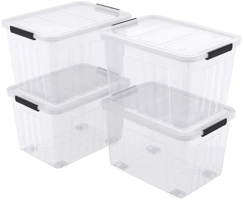70 Quart Large Clear Plastic Storage Tote Bin with Wheels, 4-Pack by Ziglous