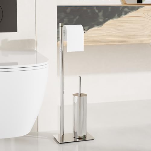 RUACQ Toilet Paper Holder Stand with Toilet Brush & Holder Set, Chrome - Image 2