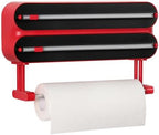 Aluminum Foil & Plastic Wrap Dispenser with Cutter - Magnetic & No-Drill Wall Mount, Cling Film Dispenser with Paper Towel Holder, Space-Saving 3-in-1 Kitchen Organizer - Fits 12" Roll, Red by Quasziwa
