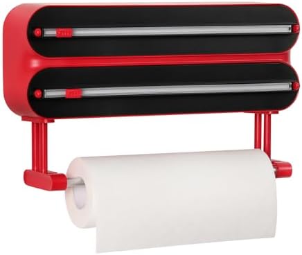 Aluminum Foil & Plastic Wrap Dispenser with Cutter - Magnetic & No-Drill Wall Mount, Cling Film Dispenser with Paper Towel Holder, Space-Saving 3-in-1 Kitchen Organizer - Fits 12" Roll, Red by Quasziwa