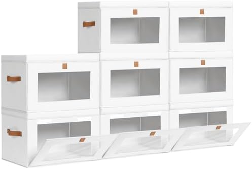 Homsorout Large Closet Storage Bins - Collapsible Clothes Organizer with Handles & Window, Decorative Boxes with Lids, Linen Closet Organizers for Living Room, Dorm, 8 Pack, White by Homsorout