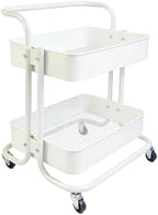 2 Tier Cart with Wheels Under Desk Storage with Handle, Metal Rolling Pantry Cart for Kitchen White Small Rolling Basket for Laundry Room Bathroom, Utility Shelf Organizer for Small Space by Ufriandz