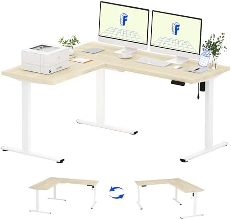 FLEXISPOT 63 x 55 Reversible L-Shaped Electric Standing Desk, Maple by Unknown