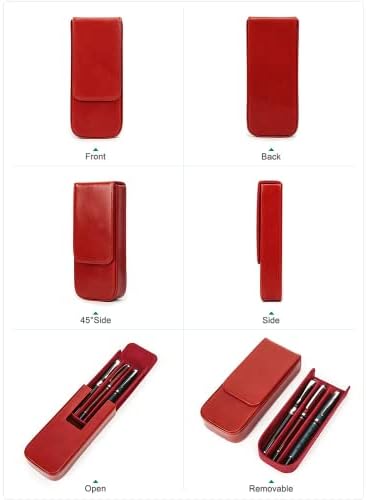 Top Grain Genuine Leather 3 Pen/Pencil Tray Case Holder, Solid Fashion Design No Logo, Handmade, Magnetic Closing with Drawer Design, Gift Choice for Man/Woman/Office, Glossy Red, 3 Slots - Image 4