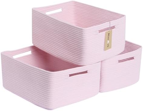 MiniArk Large Storage Baskets for Shelves, 17 x 13 x 7.5” Closet Organizers Bins for Clothes Blanket Towels, Baby Nursery, Toy Baskets Box, Woven Rope Baskets, 3 Packs Light Pink by MiniArkStorageBasketsHome