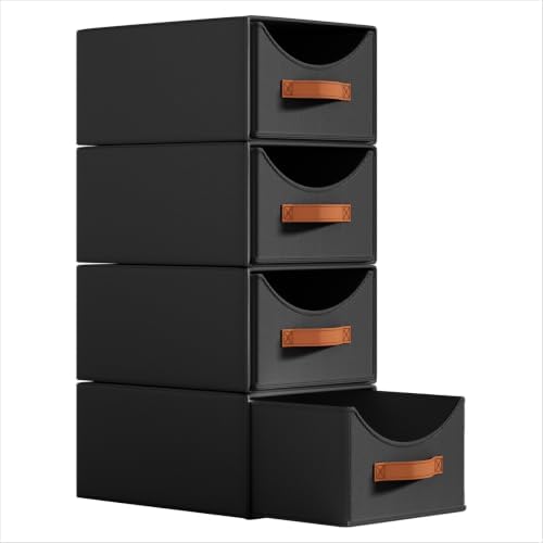 Homsorout Stackable Storage Drawers - Collapsible Storage Bins with Drawers, 4 Pack Closet Shelf Organizer Basket, Fabric Pull Out Organizer for Bedroom, Living Room, Dorm, Black by Homsorout