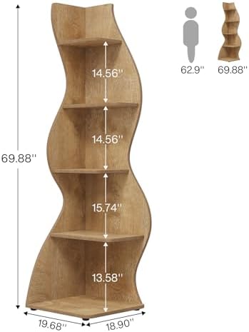Tribesigns Corner Shelf, Modern 5-Tier Wall Corner Bookshelf, Stylish Corner Small Bookcase Storage Rack Plant Stand with Unique Shape for Living Room, Home Office (Light Brown, 1PC) - Image 3