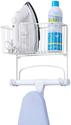 mDesign Wall Mounted Ironing Board Holder - Steel Ironing Board Rack for Easy Organisation - includes Basket for Iron Storage - White by mDesign