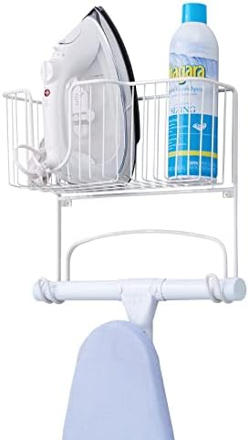 mDesign Wall Mounted Ironing Board Holder - Steel Ironing Board Rack for Easy Organisation - includes Basket for Iron Storage - White by mDesign