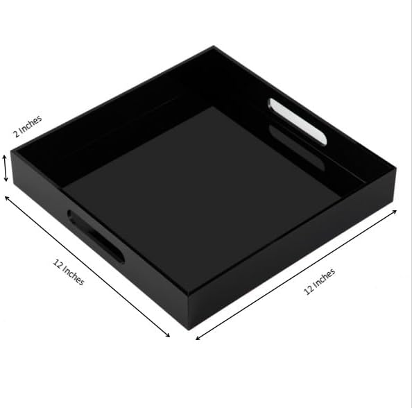 Glossy Black Sturdy Acrylic Serving Tray with Handles - 12x12 Inch Multipurpose Tray for Coffee, Appetizers, Breakfast, and More - Image 2