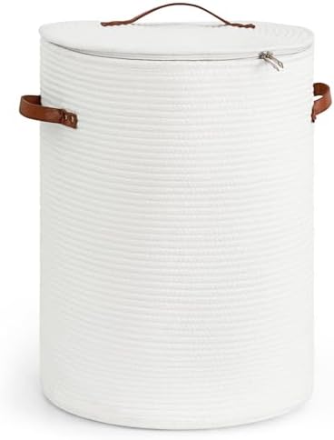 CHICVITA Large Woven Laundry Hamper with Lid & Leather Handles, 60L, White by CHICVITA
