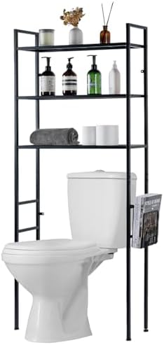MyGift 3 Tier Over The Toilet Storage, Freestanding Bathroom Organizer Shelf, Above Toilet Rack with Removable Magazine Holder Basket, Black Metal Cabinet for Laundry Space Saver, 26.4x7.8x63.6 Inch by MyGiftHome