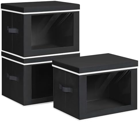 Homsorout Collapsible Storage Bins with Lids - Stackable Storage Containers with Window, 15.7 Inch Fabric Organizing Bins for Closet, Home & Office Organization Baskets, Black, 3 Pack by Homsorout