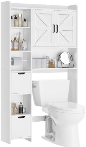 TEENFON Over the Toilet Storage Cabinet with 2 Removable Drawers, Above Toilet Storage Cabinet with 10 Storage Shelves, Taller Wooden Free Standing Bathroom Storage, Laundry Room Storage Shelf, White by TEENFON