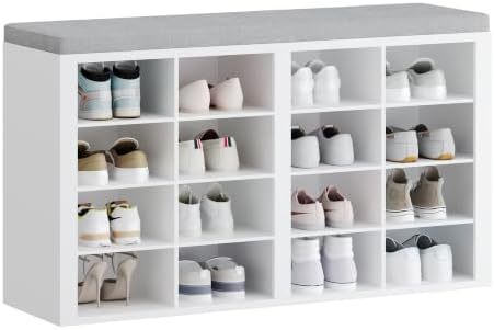 Hzuaneri Shoe Storage Bench with Cushion, Entryway 16-Cubby Shoe Rack by Hzuaneri