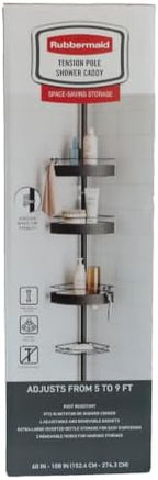 Rubbermaid Tension Pole Corner Shower Caddy: 4-Tier Bathroom Organizer Shelves, No Drill Installation for Renters, Apartments, Dorms, Family Bathroom, Adjustable 60-108 Inch, Black - Image 3