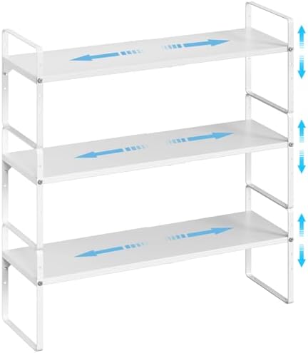 15.5 to 25.5 Inch Kitchen Cabinet Shelf Organizers, Adjustable Kitchen Counter Shelf Organizer, Set of 3 Expandable Countertop Storage Shelves, Stackable Design, 30LBS Heavy Duty, Space Saver by X-cosrack