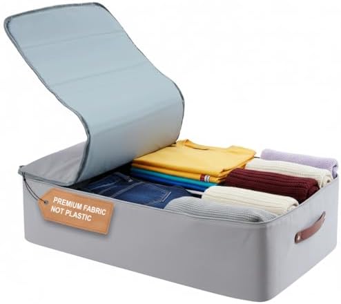 Under Bed Storage Container – Foldable Underbed Storage Bin for Clothes & Bedding, Premium Canvas Storage Box with Lid, Low Profile 8″ Organizer with Handles by CloncepDesign