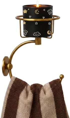 100% Solid Brass Hand Towel Holder for Bathroom Wall – Towel Ring with Candle Holder – Vintage Wall Candle Sconce Bathroom Decor – Antique Brass Towel Holder by ICCTUO