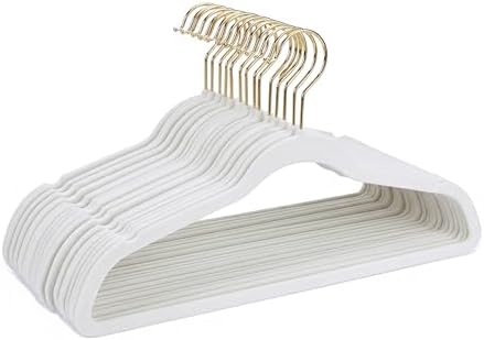 Simplify Slim Velvet Gold Hook Clothes Hangers 100 Pack | Non-Slip | Shirts | Suit | Pants | Dresses | Garments | Closet Storage & Organization | Durable | White by Simplify