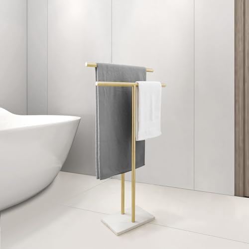 40 Inch Standing Towel Rack for Bathroom Floor Double-T Shape Bath Sheet Holder with Marble Design Base Towel Rack Freestanding Next to Tub or Shower Towel Holder Stand SUS304 Brushed Gold - Image 4