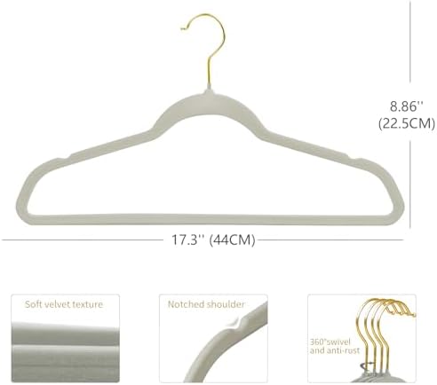 ManGotree Velvet Coat Hangers with 360° Swivel Gold Hook 48 Pack Grey - Image 3