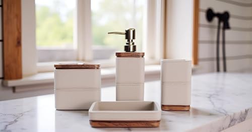 Hymmah Leather Pattern Design Bathroom Accessories Set,Farmhouse Bathroom Decor,4 Pcs Resin Gift Set Apartment Necessities, Contain Cotton Swab Jar,Soap Dispenser,Tumbler，Soap Dish/Tray - Image 7